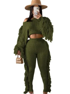 Two Piece Knitted Long Sleeve Tassel Outfits