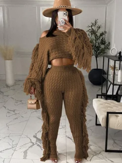 Two Piece Knitted Long Sleeve Tassel Outfits