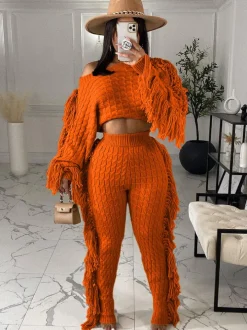 Two Piece Knitted Long Sleeve Tassel Outfits