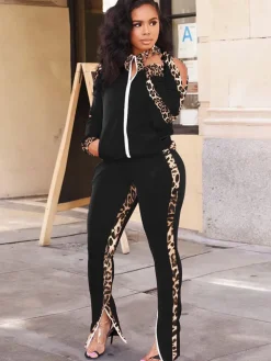 Two Piece Leopard Print Patchwork Pant Suit