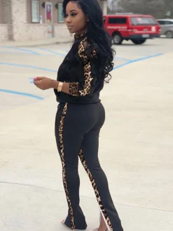 Two Piece Leopard Print Patchwork Pant Suit