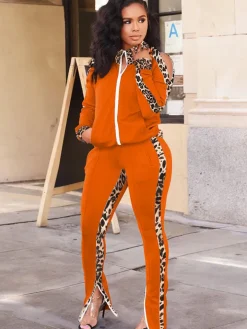 Two Piece Leopard Print Patchwork Pant Suit