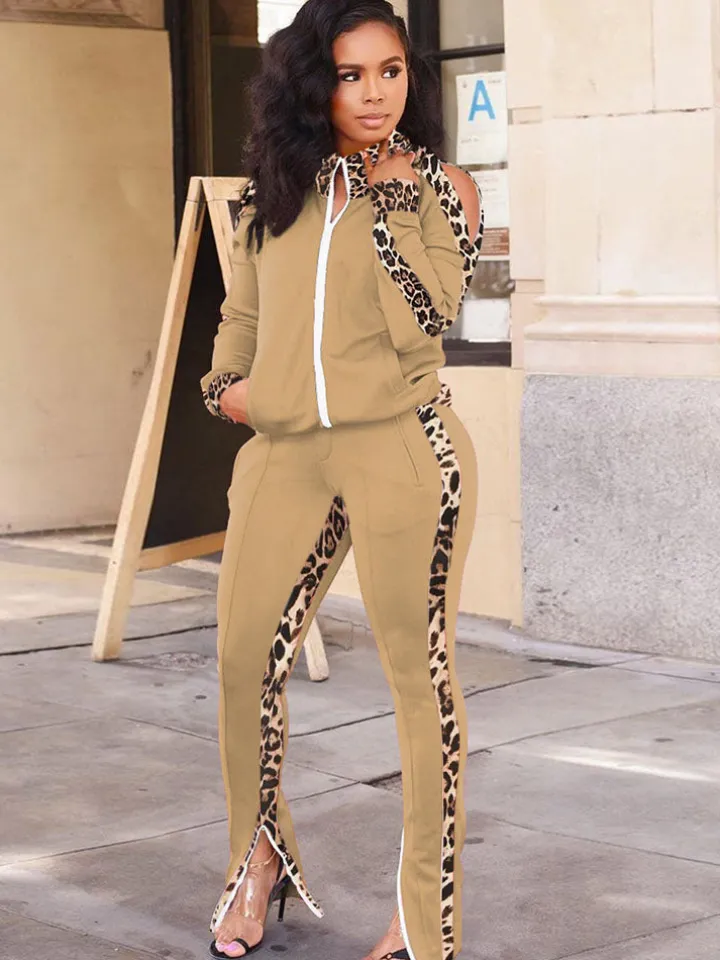Two Piece Leopard Print Patchwork Pant Suit