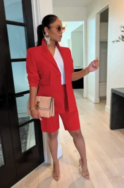 Two Piece Long Sleeve Blazer Shorts Pant Set