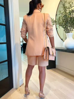 Two Piece Long Sleeve Blazer Shorts Pant Set