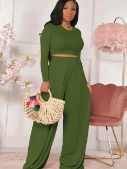 Two Piece Long Sleeve Crop Top Wide Leg Pants