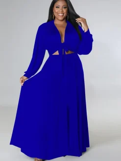 Two Piece Long Sleeve Crop Top Maxi Skirts