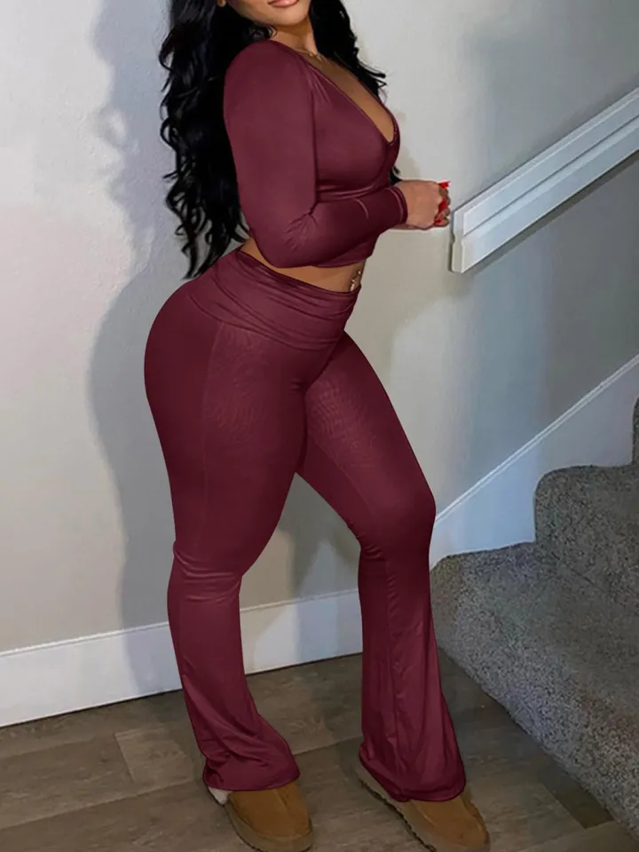 Two Piece Long Sleeve Crop Top Flare Pants Sets
