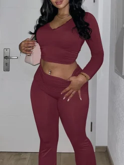 Two Piece Long Sleeve Crop Top Flare Pants Sets