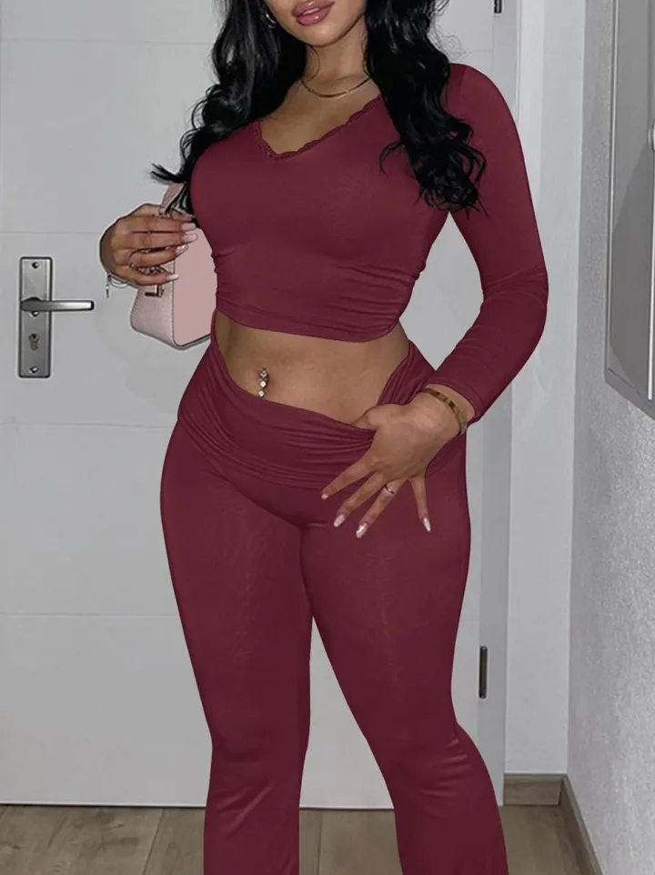 Two Piece Long Sleeve Crop Top Flare Pants Sets