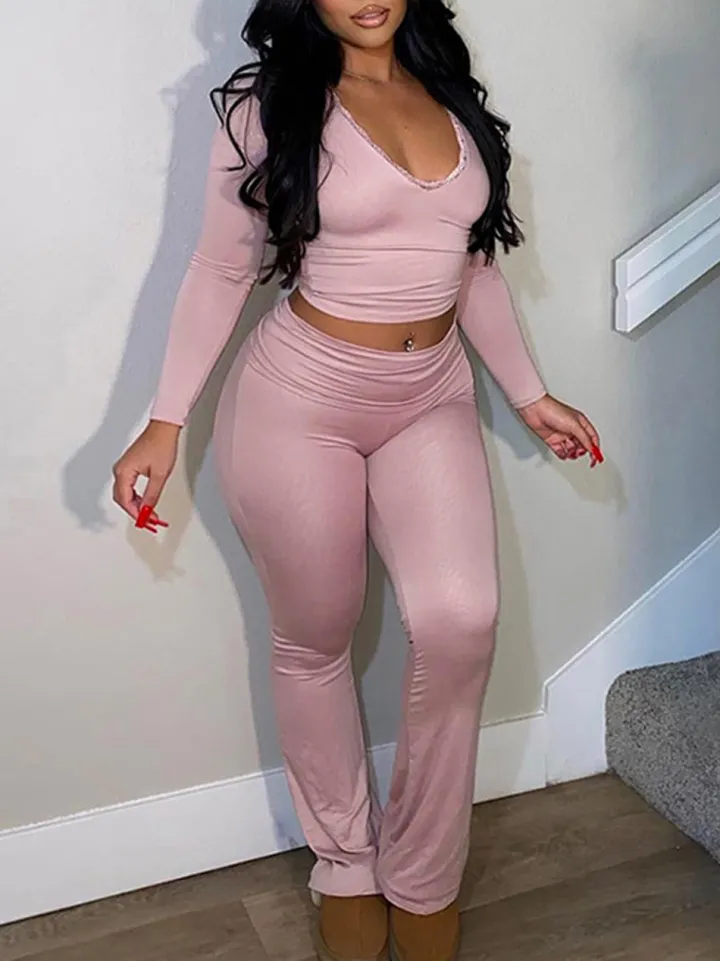 Two Piece Long Sleeve Crop Top Flare Pants Sets