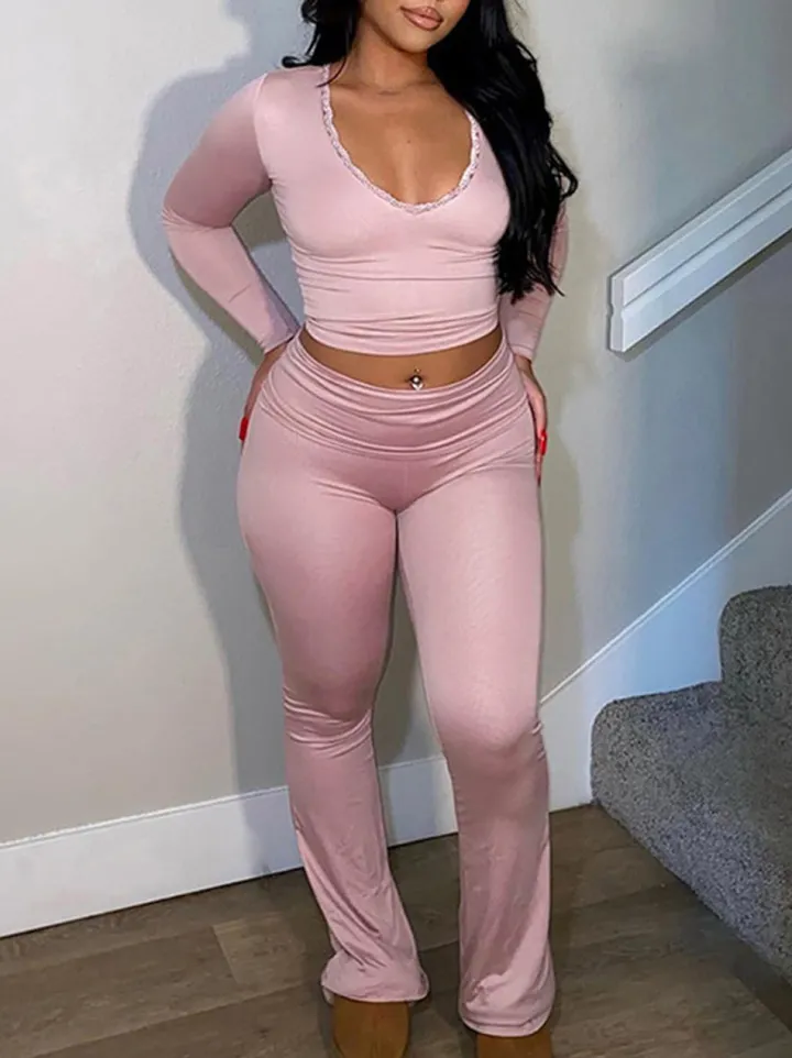 Two Piece Long Sleeve Crop Top Flare Pants Sets