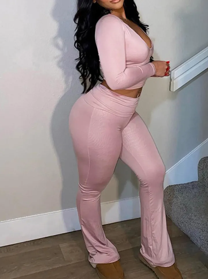 Two Piece Long Sleeve Crop Top Flare Pants Sets