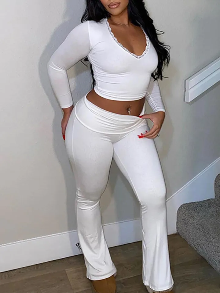 Two Piece Long Sleeve Crop Top Flare Pants Sets