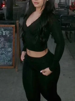 Two Piece Long Sleeve Crop Top Flare Pants Sets