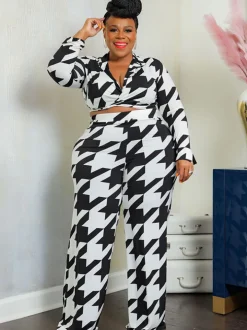 Two Piece Long Sleeve Houndstooth Top Pants