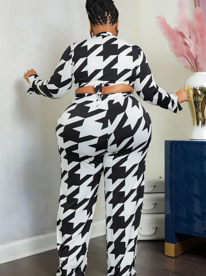 Two Piece Long Sleeve Houndstooth Top Pants
