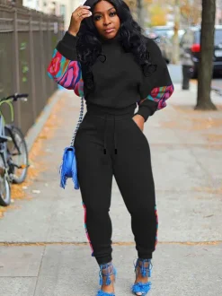 Two Piece Long Sleeve Print Patchwork Pullover Pants