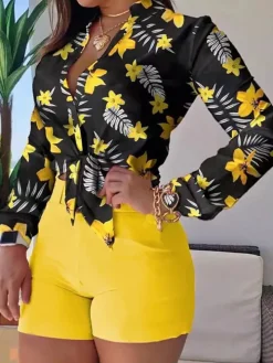 Two Piece Long Sleeve Shirt High Waist Shorts