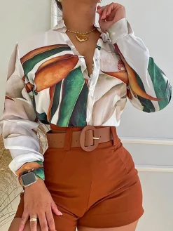 Two Piece Long Sleeve Shirt High Waist Shorts