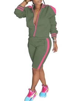 Two Piece Long Sleeve Stripe Jacket shorts Set