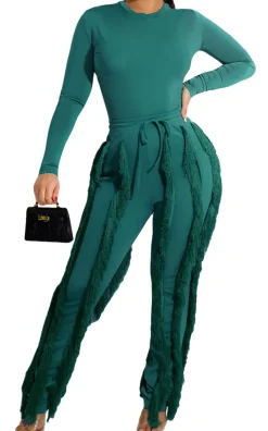 Two Piece Long Sleeve Top Tassel Pants