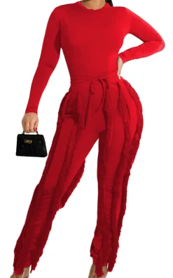 Two Piece Long Sleeve Top Tassel Pants
