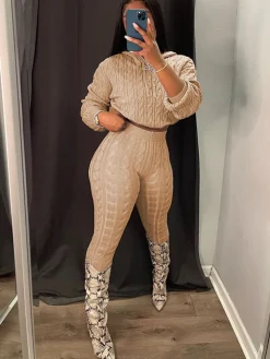 Two Piece Long Sleeves Sweater Pant Suit