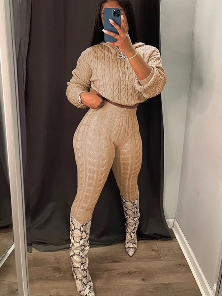 Two Piece Long Sleeves Sweater Pant Suit