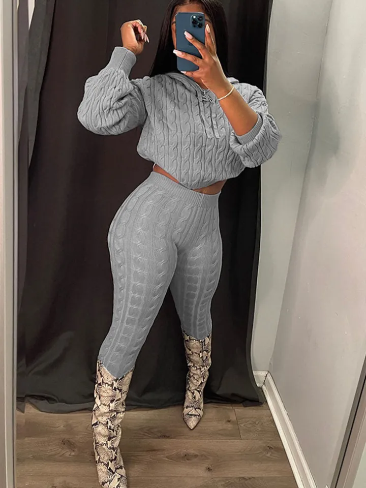 Two Piece Long Sleeves Sweater Pant Suit