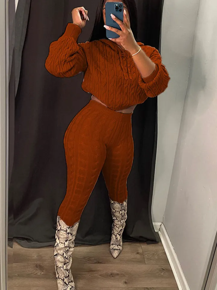 Two Piece Long Sleeves Sweater Pant Suit