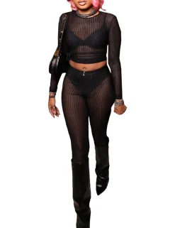 Two Piece Mesh Long Sleeve Crop Top Pants