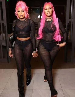 Two Piece Mesh Long Sleeve Crop Top Pants