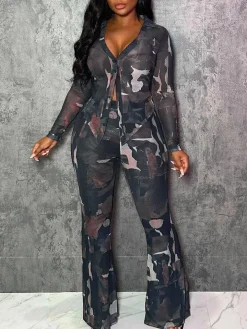 Two Piece Mesh Print Shirt Pants Set