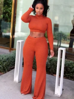 Two Piece Mock Neck Top Long Pants Outfits