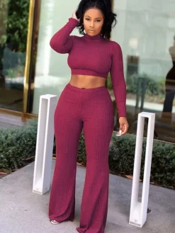 Two Piece Mock Neck Top Long Pants Outfits