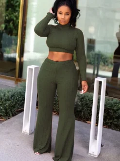 Two Piece Mock Neck Top Long Pants Outfits