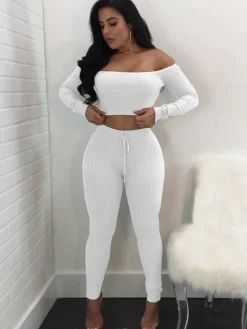 Two Piece Off Shoulder Crop Top Skinny Pants Set
