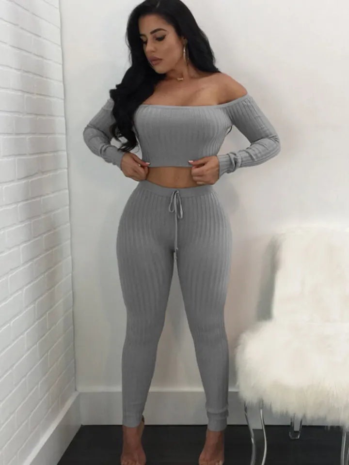 Two Piece Off Shoulder Crop Top Skinny Pants Set