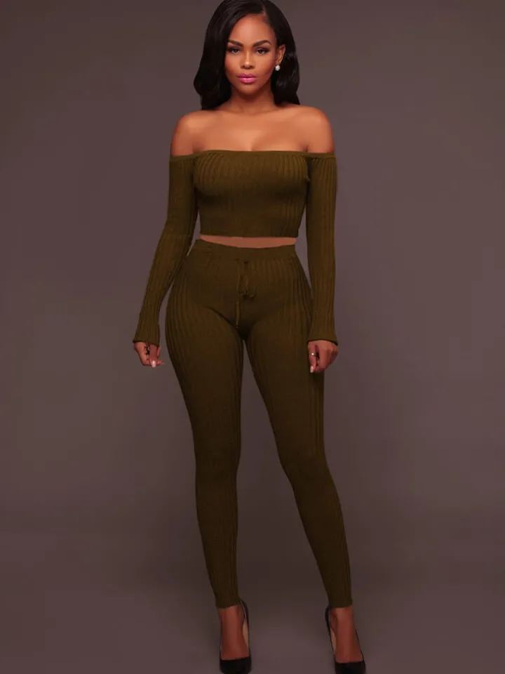 Two Piece Off Shoulder Crop Top Skinny Pants Set