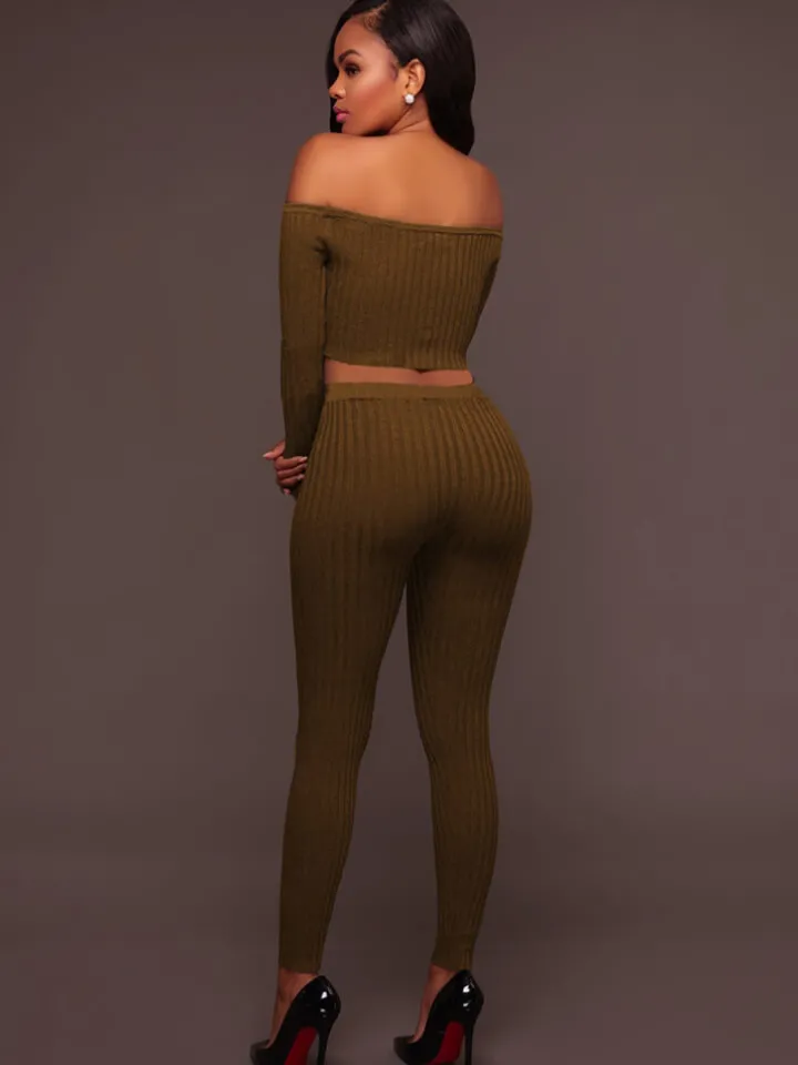 Two Piece Off Shoulder Crop Top Skinny Pants Set