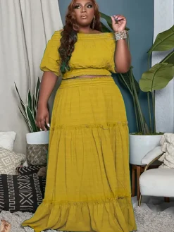 Two Piece Off Shoulder Crop Top Maxi Skirts