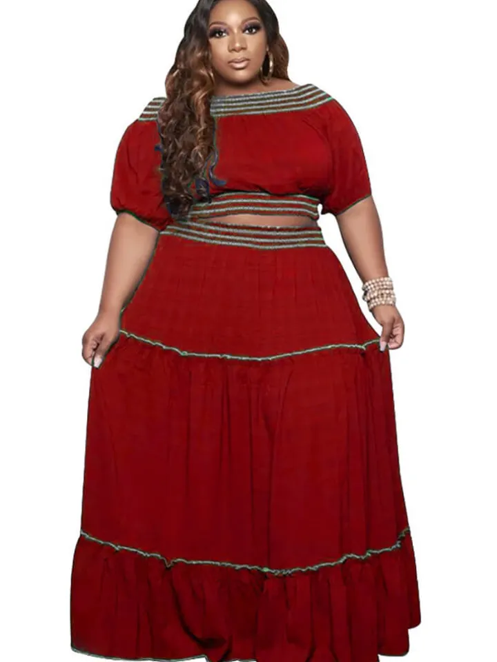 Two Piece Off Shoulder Crop Top Maxi Skirts