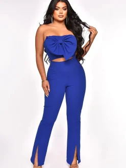 Two Piece Off Shoulder Crop Top Split Pants