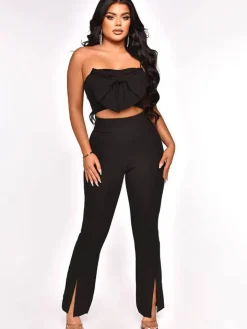 Two Piece Off Shoulder Crop Top Split Pants
