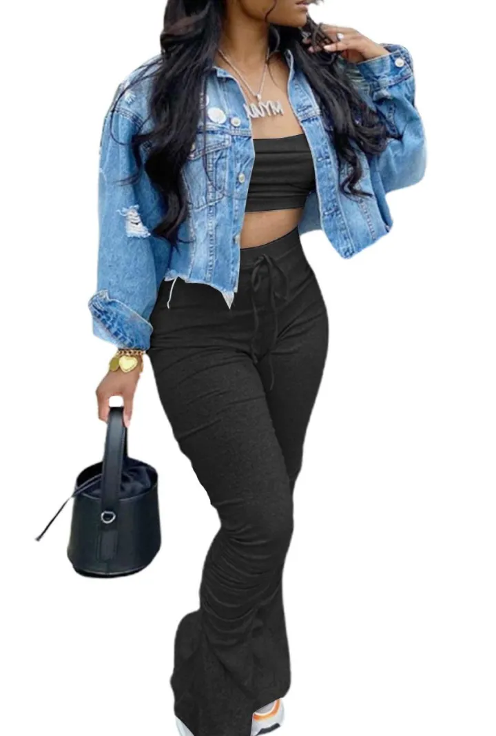 Two Piece Off Shoulder Crop Top Ruched Long Pants