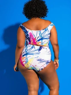 Two Piece Off Shoulder Print Swimsuit