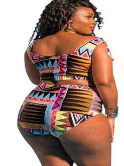 Two Piece Off Shoulder Print Swimsuit