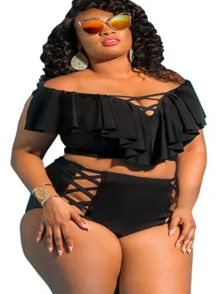 Two Piece Off Shoulder Print Swimsuit