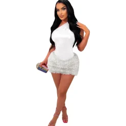 Two Piece One Shoulder Feather Skirt Suit